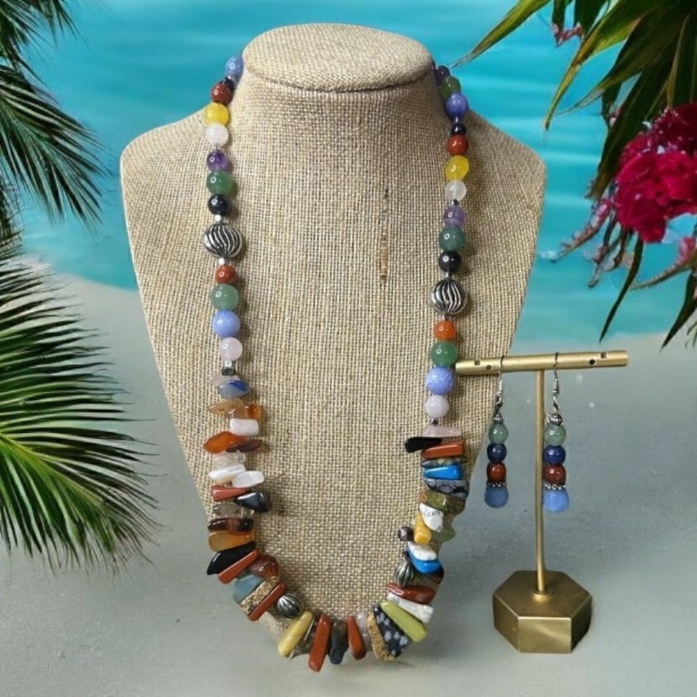 New Handcrafted Genuine Semi Precious Gemstone Necklace & Earrings 22”
